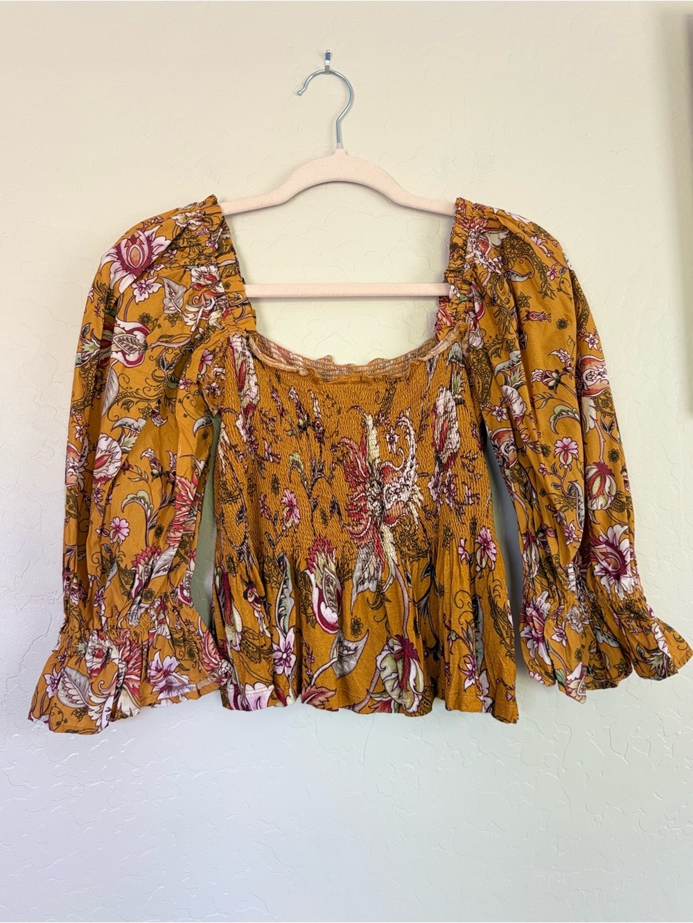 Anthropologie Conditions Apply Marigold Yellow Smocked Puff Sleeve Blouse Medium - Picture 7 of 7